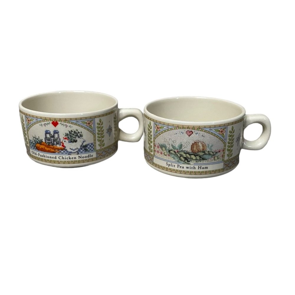 Vintage Old Farmers Almanac 2 Soup MUGS Bowls Westwood Chic Noodle & Pea